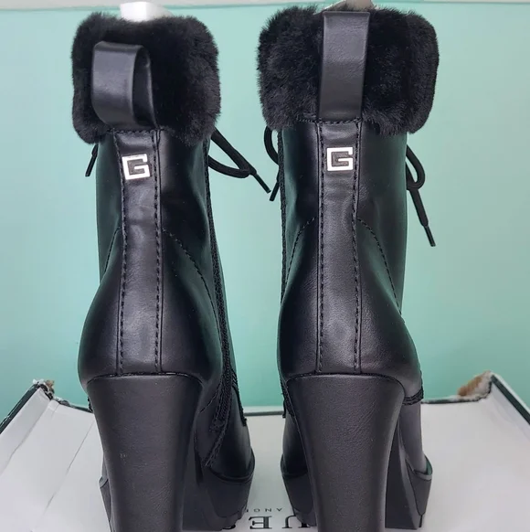 Guess Tetian Black Leather Faux-Fur Lace-Up Stiletto Heeled Boots Women's 9 NWT - Picture 9 of 16